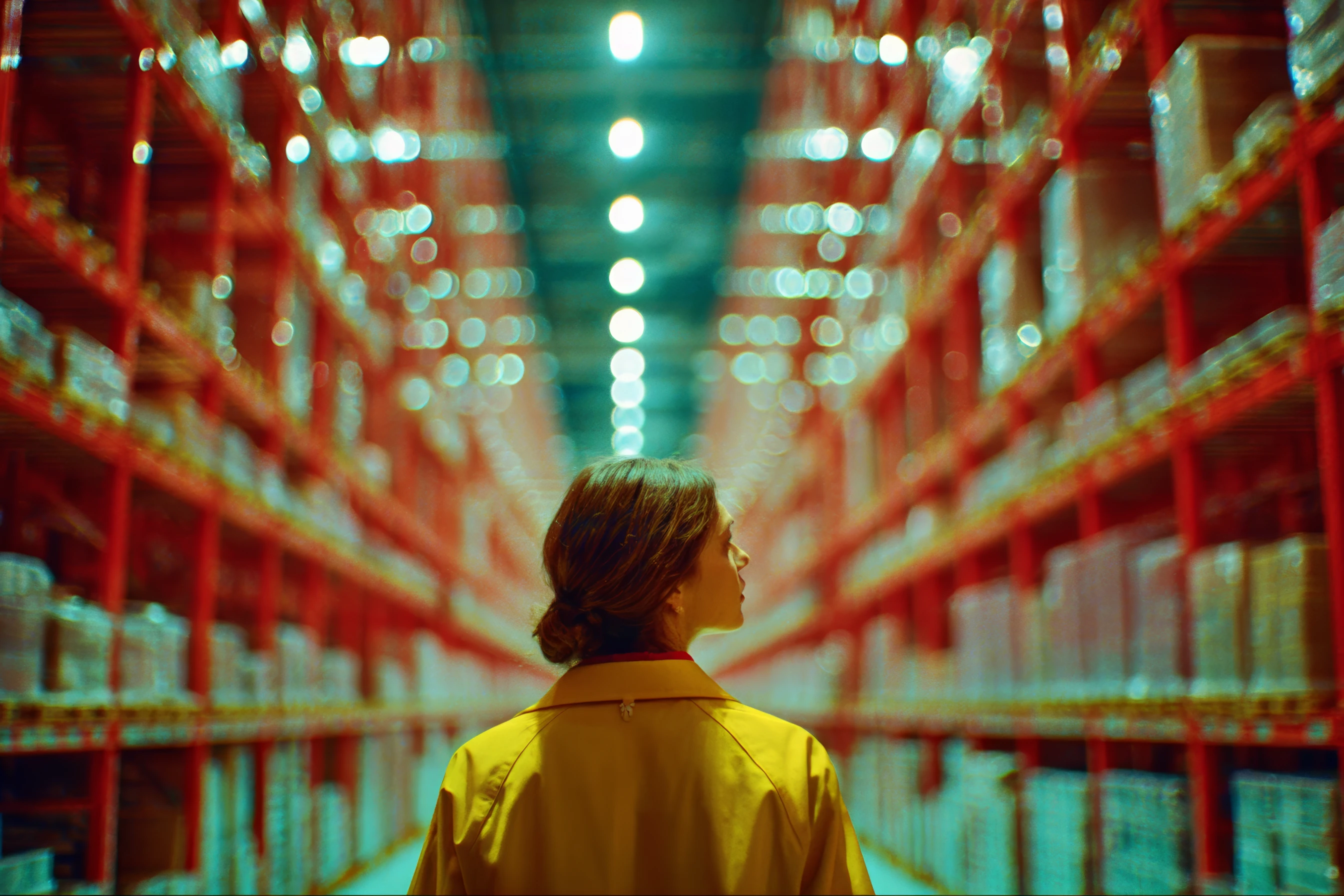 Intelligenter Lagergang mit rot-orangener Beleuchtung